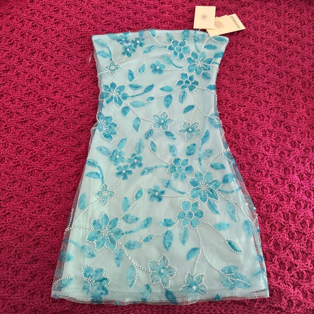 Peppermayo Blue Beaded Mini Dress - Aqua Floral Accents